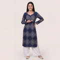 Navy Mughal Print Cotton Straight Kurta