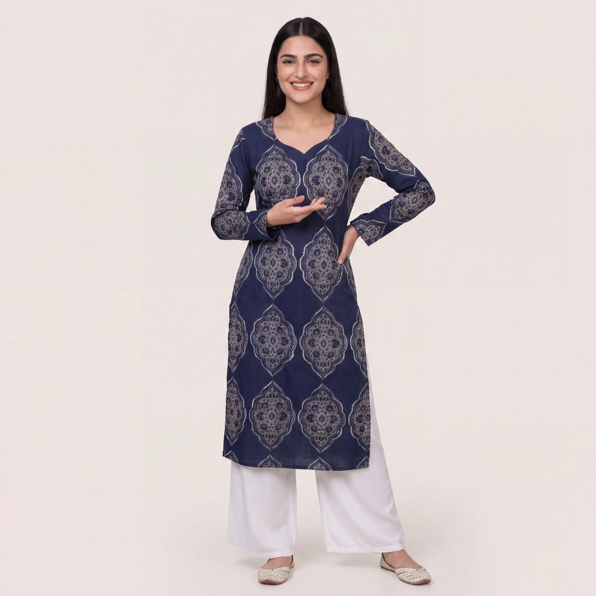 Navy Mughal Print Cotton Straight Kurta