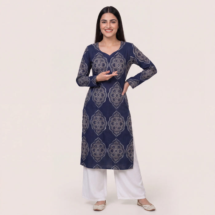 Navy Mughal Print Cotton Straight Kurta