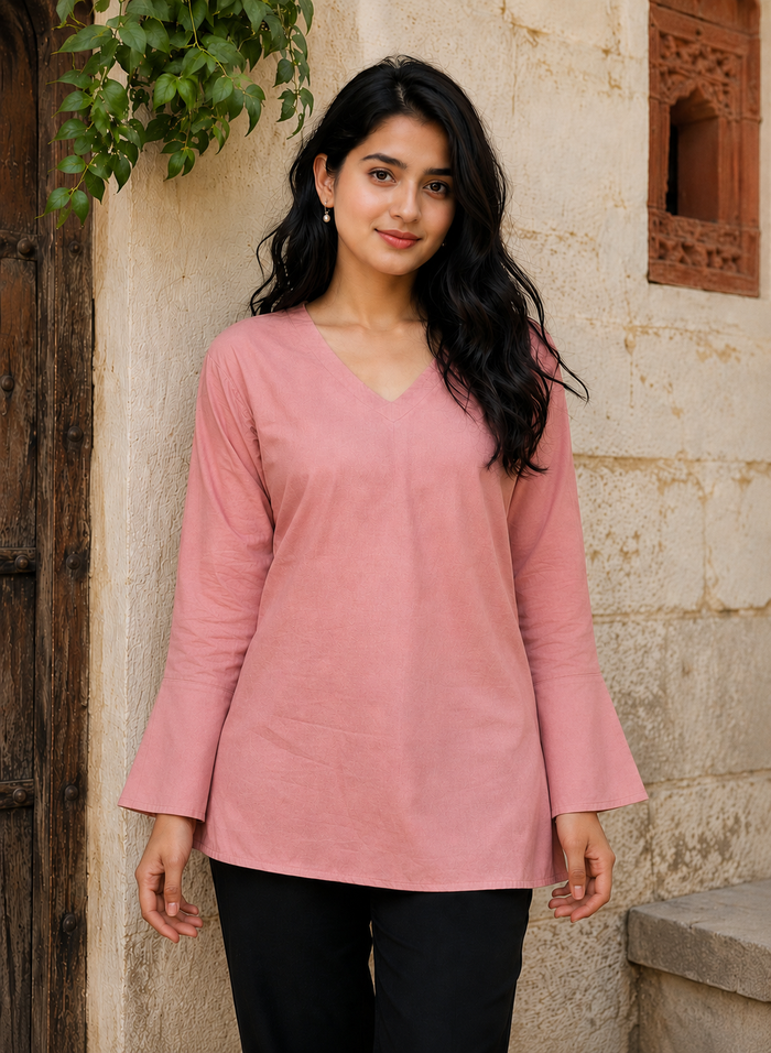 Women's Dusty Rose Rayon Short Kurti | V-Neck Full Sleeve Office & Casual Wear