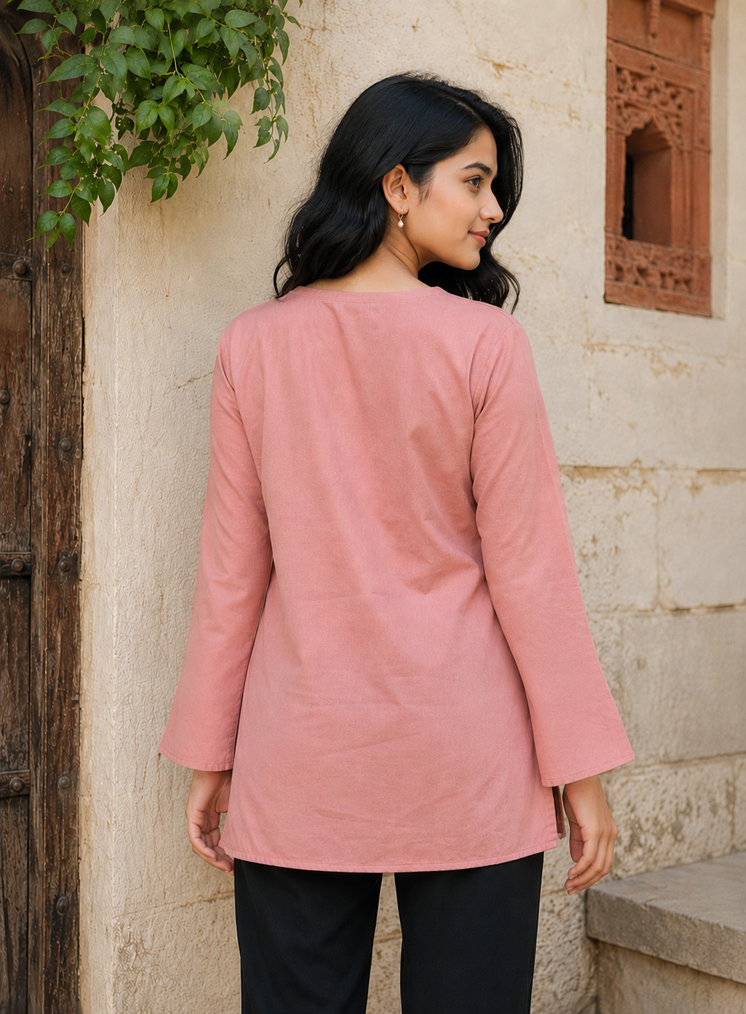 Women's Dusty Rose Rayon Short Kurti | V-Neck Full Sleeve Office & Casual Wear