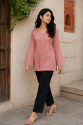 Women's Dusty Rose Rayon Short Kurti | V-Neck Full Sleeve Office & Casual Wear