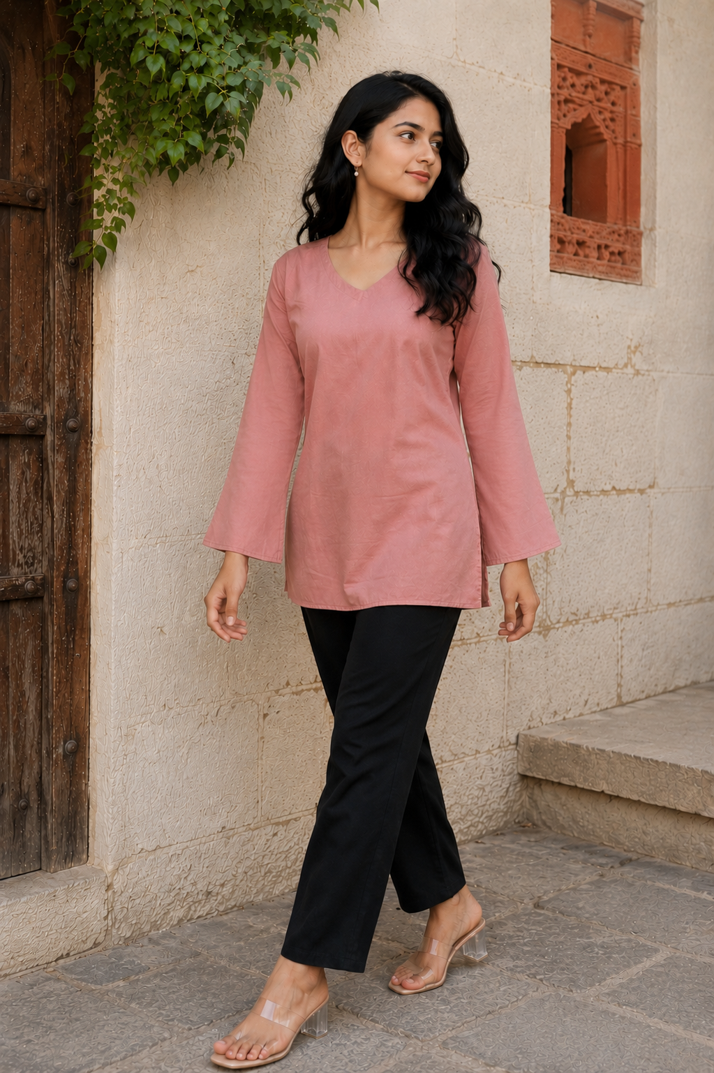 Women's Dusty Rose Rayon Short Kurti | V-Neck Full Sleeve Office & Casual Wear