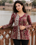 Maroon Paisley Print Pure Cotton Peplum Kurti with Full Sleeves for Women