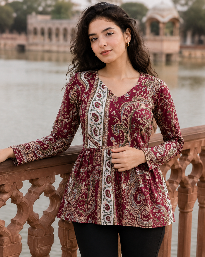 Maroon Paisley Print Pure Cotton Peplum Kurti with Full Sleeves for Women