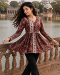 Maroon Paisley Print Pure Cotton Peplum Kurti with Full Sleeves for Women