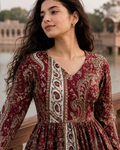 Maroon Paisley Print Pure Cotton Peplum Kurti with Full Sleeves for Women