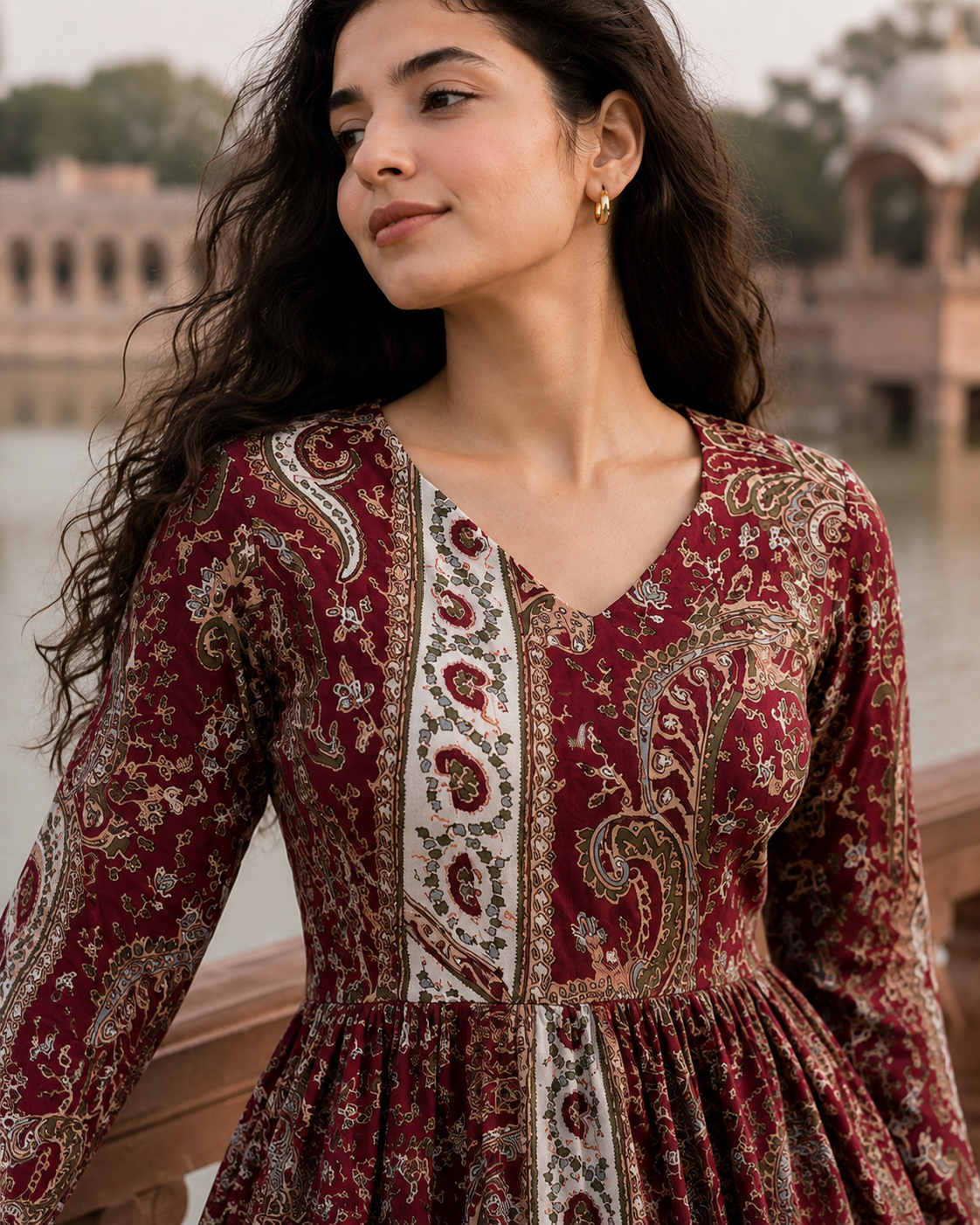 Maroon Paisley Print Pure Cotton Peplum Kurti with Full Sleeves for Women