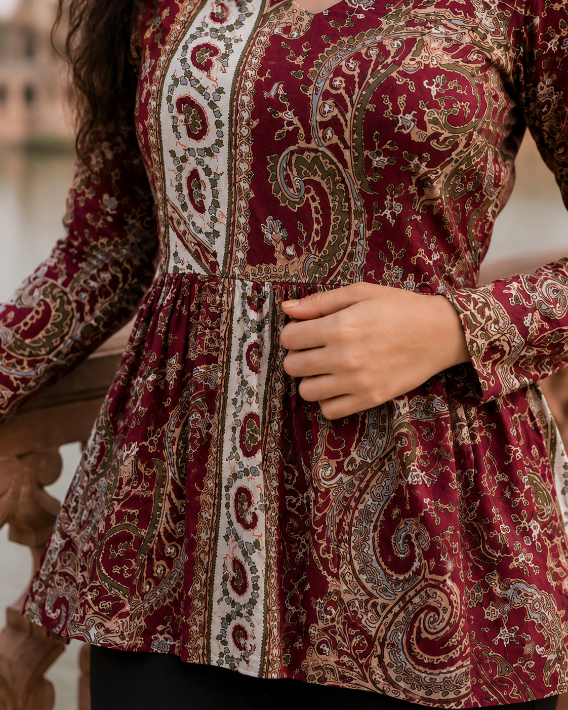 Maroon Paisley Print Pure Cotton Peplum Kurti with Full Sleeves for Women