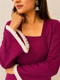 Women's Wine Straight Kurti with Square Neck & Fringe Trim Bell Sleeves