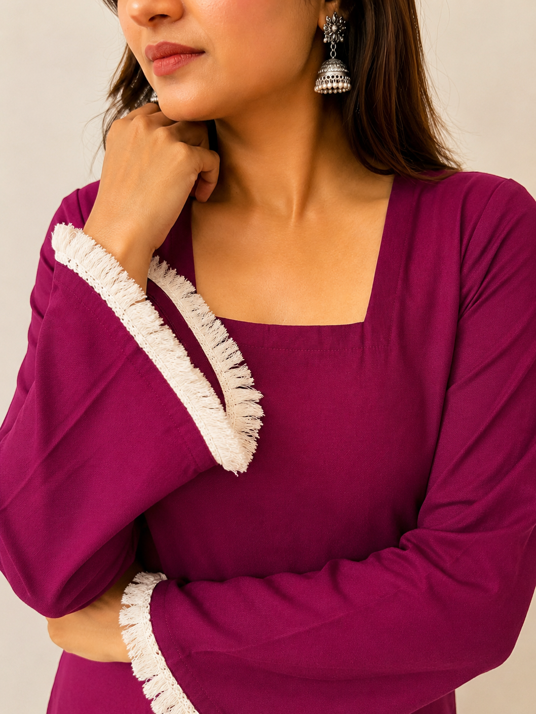 Women's Wine Straight Kurti with Square Neck & Fringe Trim Bell Sleeves