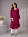 Women's Wine Straight Kurti with Square Neck & Fringe Trim Bell Sleeves