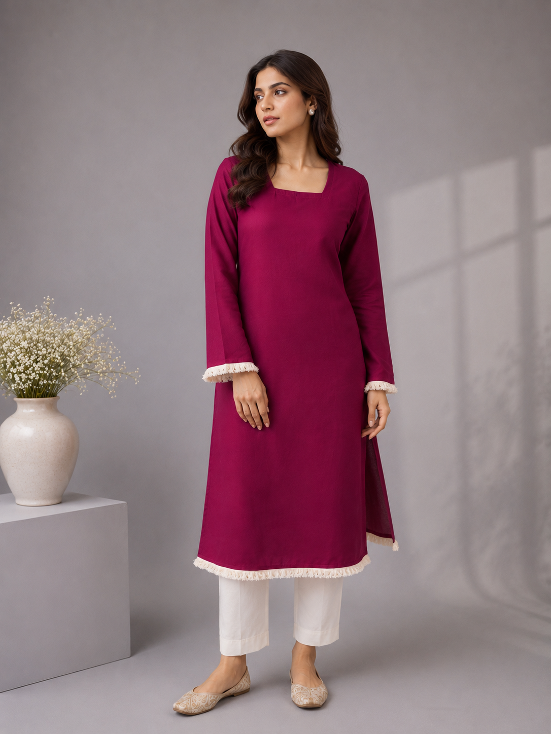 Women's Wine Straight Kurti with Square Neck & Fringe Trim Bell Sleeves
