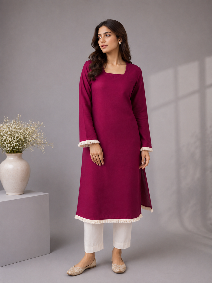 Women's Wine Straight Kurti with Square Neck & Fringe Trim Bell Sleeves