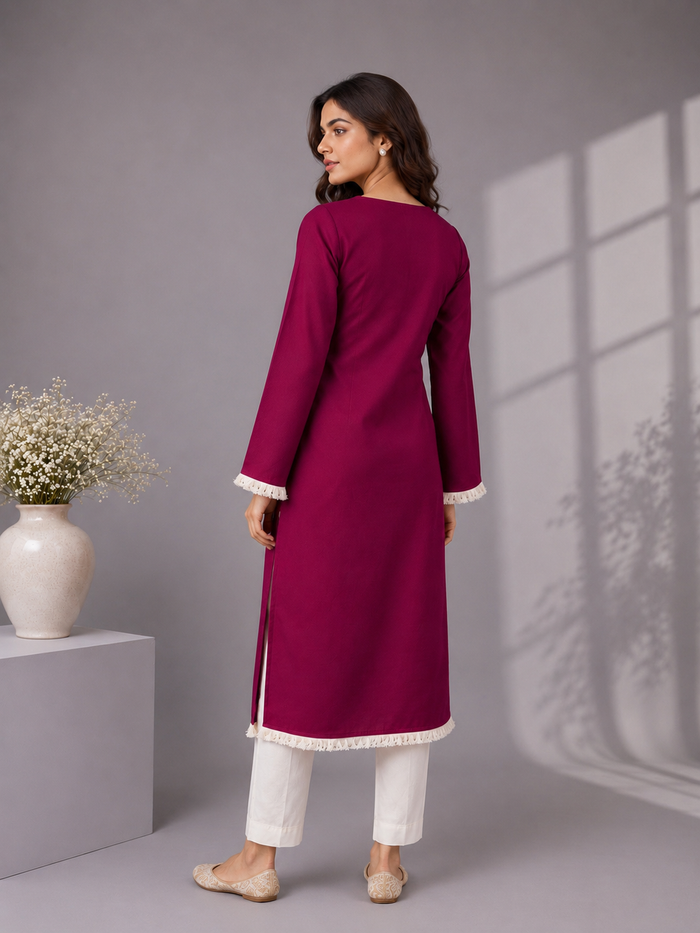 Women's Wine Straight Kurti with Square Neck & Fringe Trim Bell Sleeves