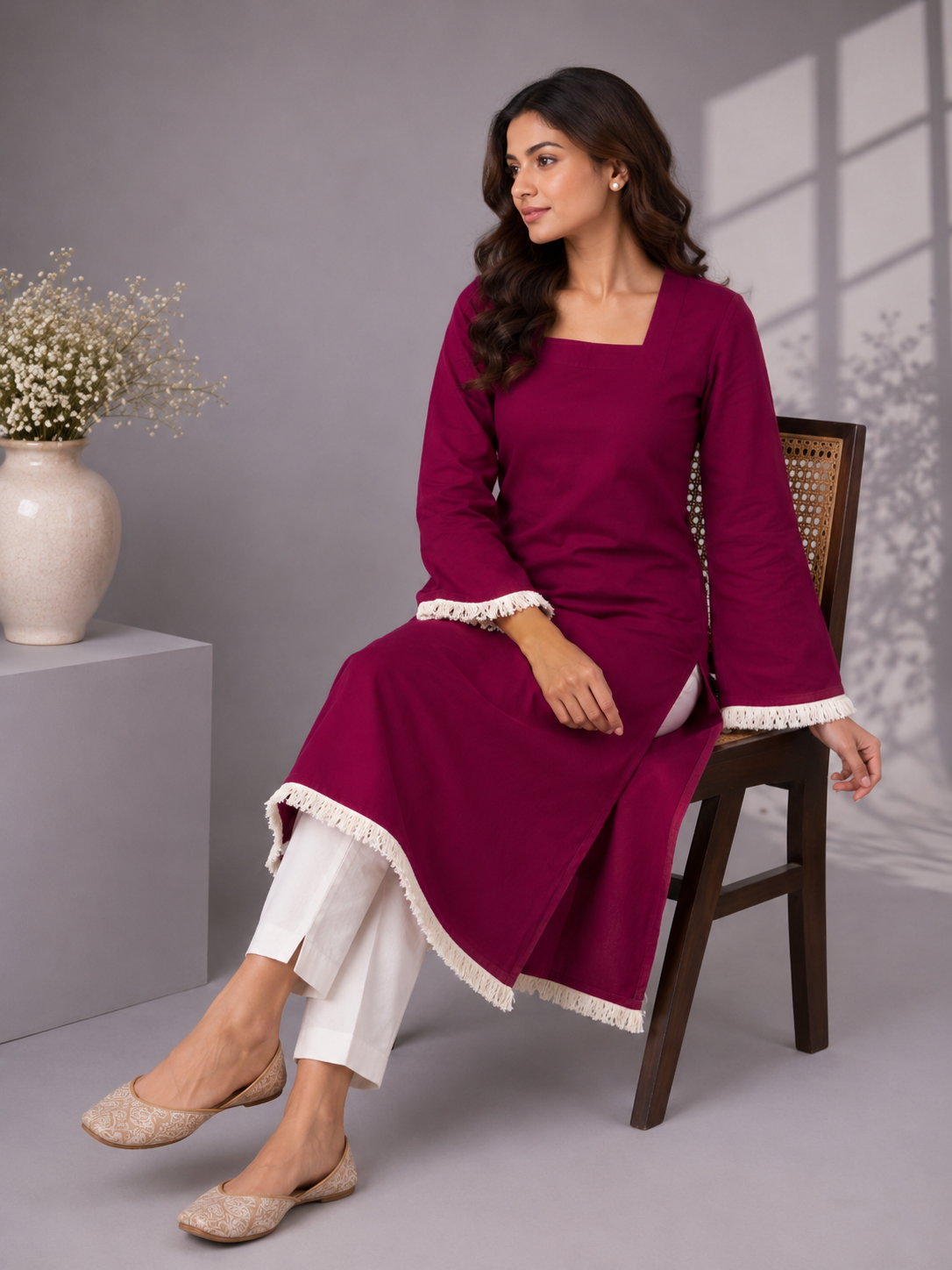 Women's Wine Straight Kurti with Square Neck & Fringe Trim Bell Sleeves