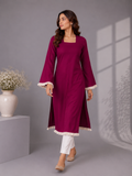 Women's Wine Straight Kurti with Square Neck & Fringe Trim Bell Sleeves