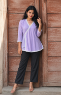 Lavender Cotton Angrakha Kurti with White Lace Trim & Pom-Pom Tie-Up for Women