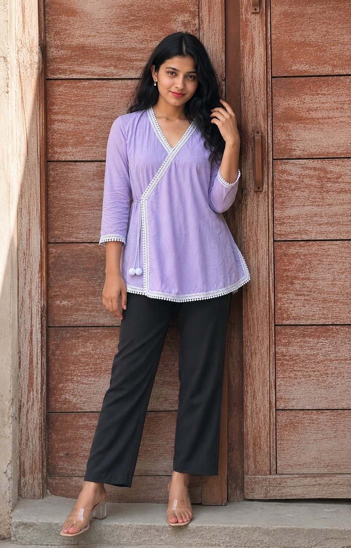 Lavender Cotton Angrakha Kurti with White Lace Trim & Pom-Pom Tie-Up for Women