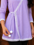 Lavender Cotton Angrakha Kurti with White Lace Trim & Pom-Pom Tie-Up for Women