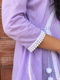 Lavender Cotton Angrakha Kurti with White Lace Trim & Pom-Pom Tie-Up for Women