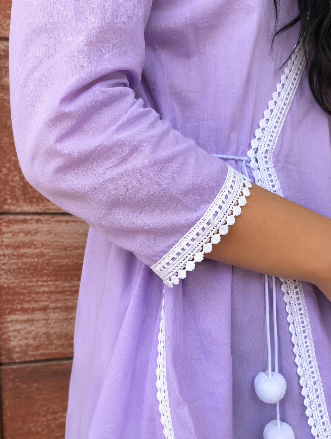Lavender Cotton Angrakha Kurti with White Lace Trim & Pom-Pom Tie-Up for Women
