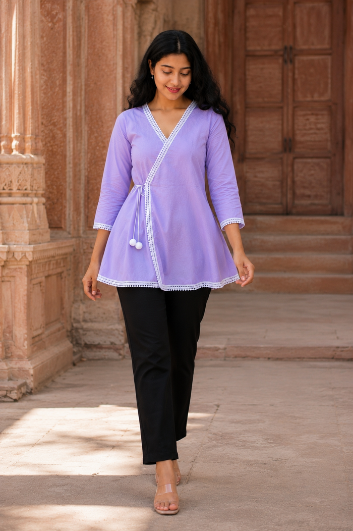 Lavender Cotton Angrakha Kurti with White Lace Trim & Pom-Pom Tie-Up for Women