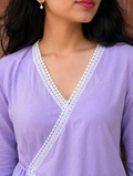 Lavender Cotton Angrakha Kurti with White Lace Trim & Pom-Pom Tie-Up for Women