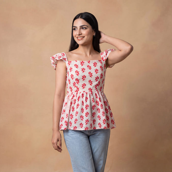 Ivory Red Block Print Cotton Peplum Top