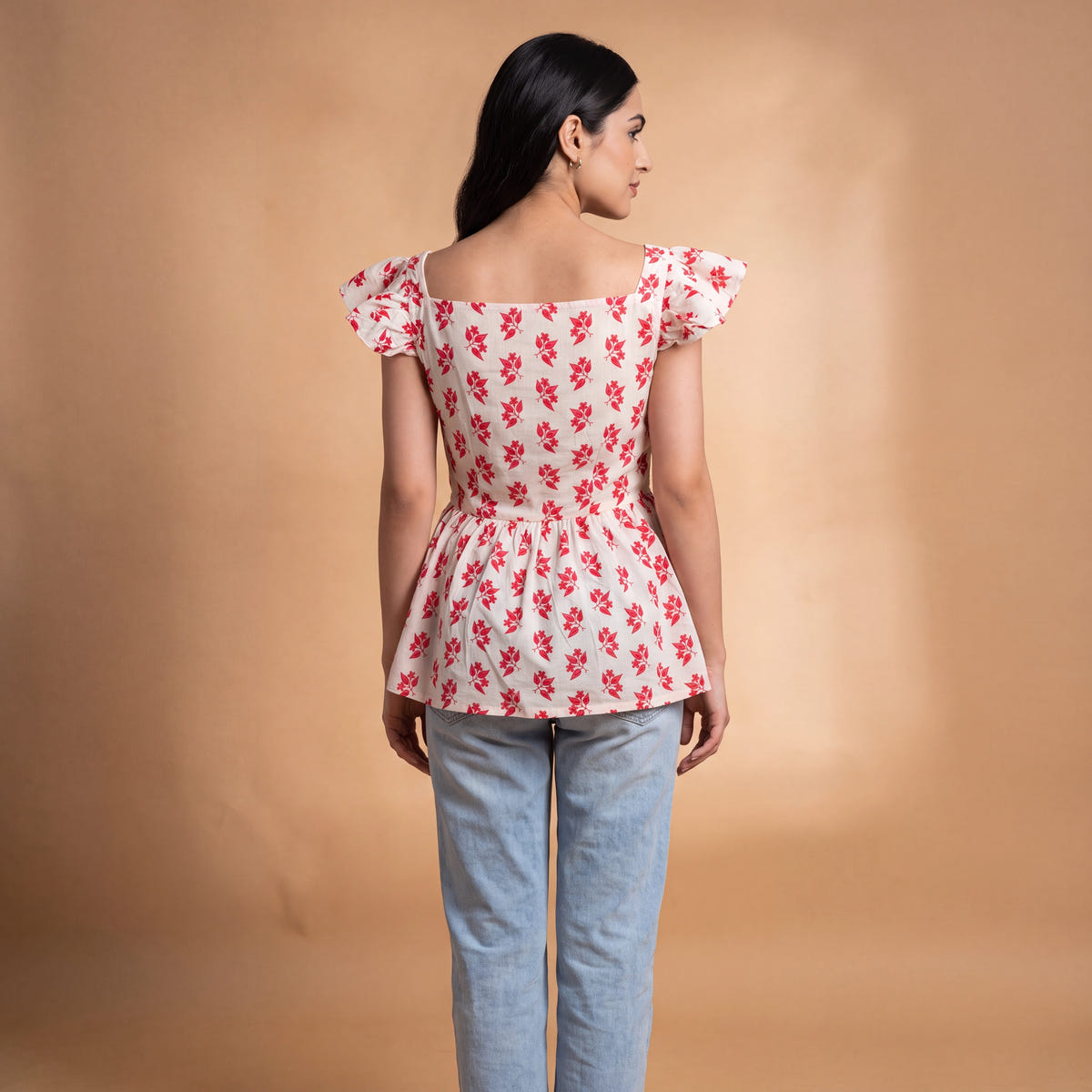 Ivory Red Block Print Cotton Peplum Top
