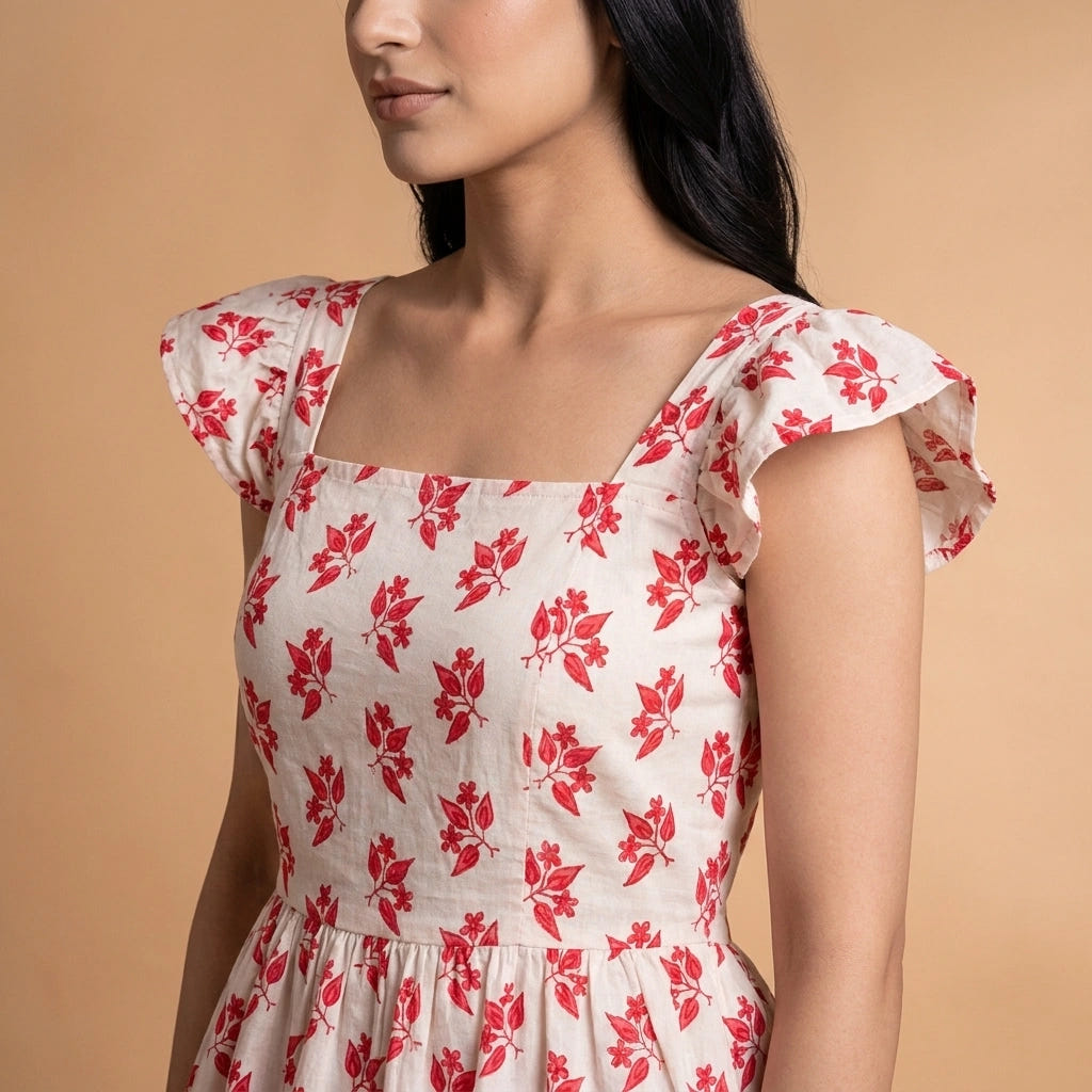 Ivory Red Block Print Cotton Peplum Top