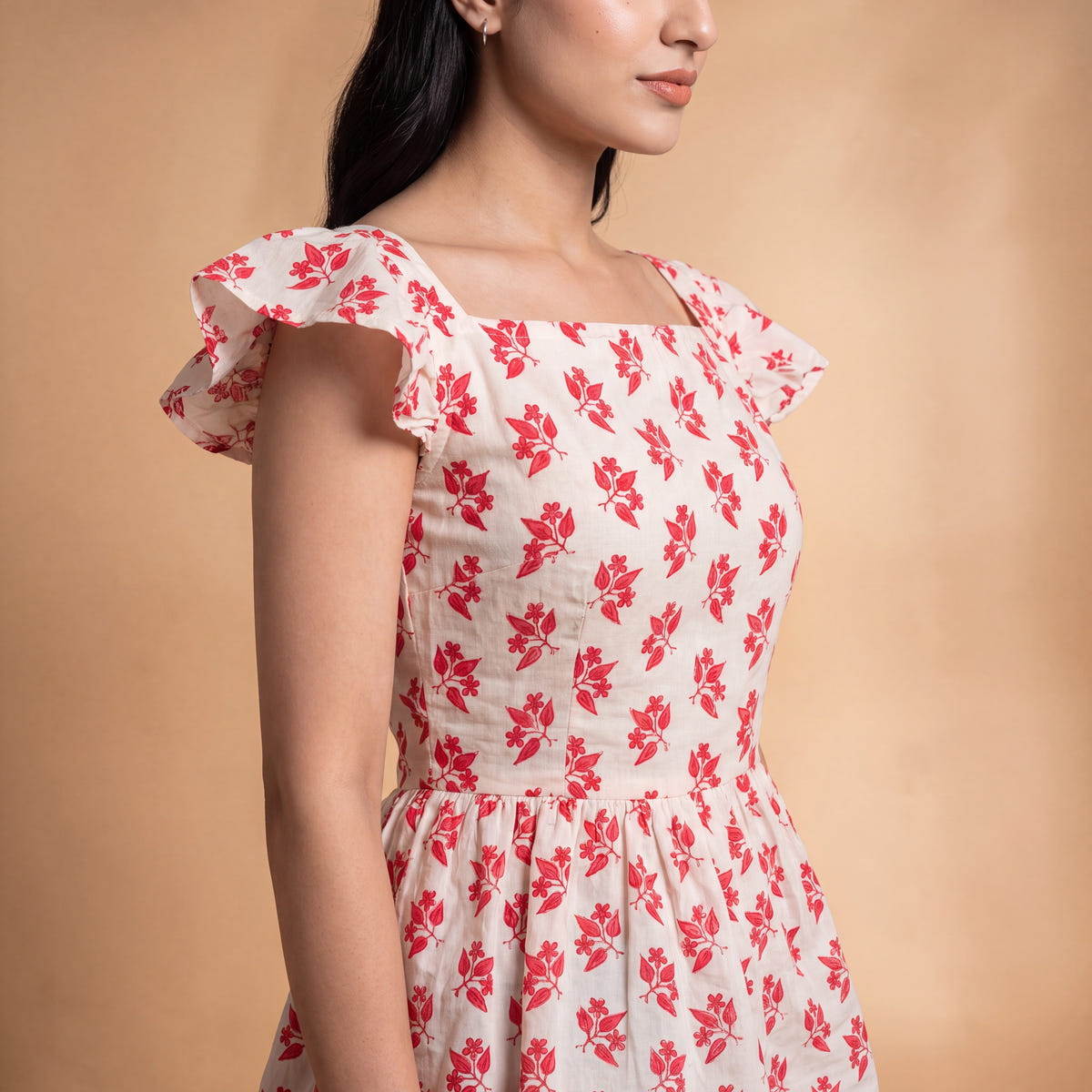 Ivory Red Block Print Cotton Peplum Top