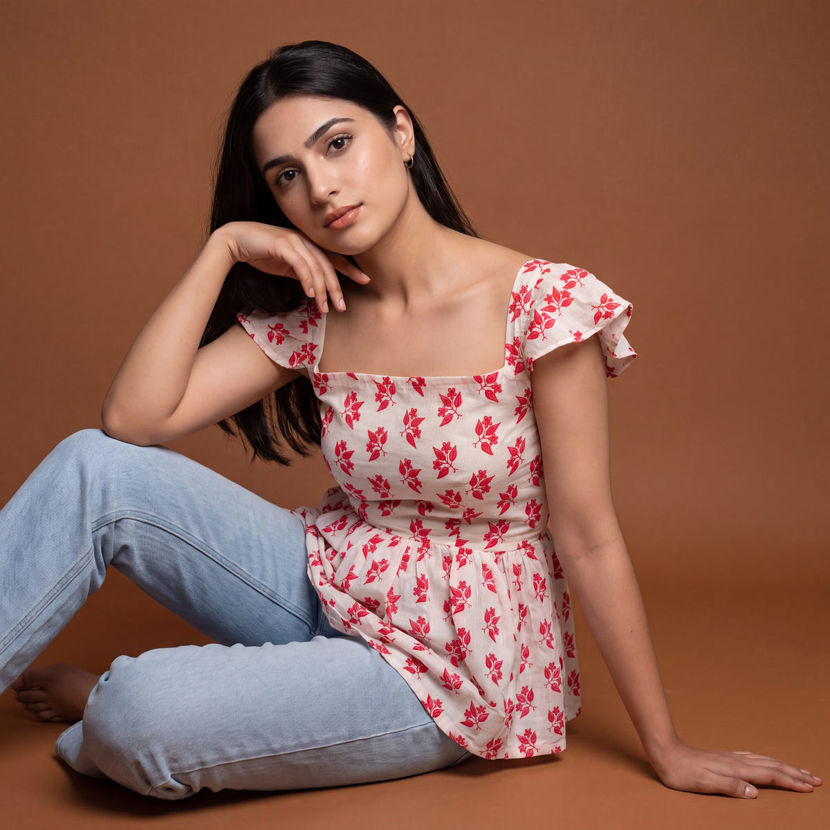 Ivory Red Block Print Cotton Peplum Top
