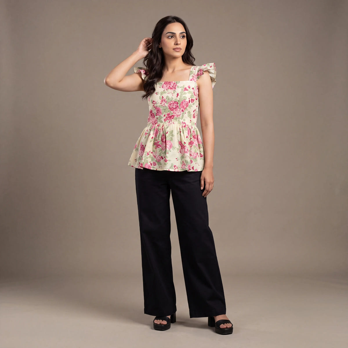 Ivory Rose Floral Cotton Peplum Top