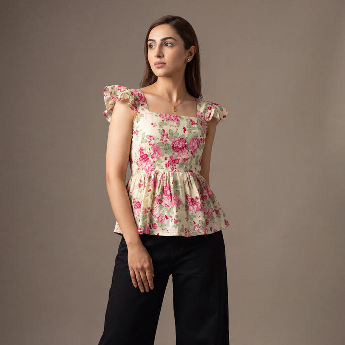 Ivory Rose Floral Cotton Peplum Top