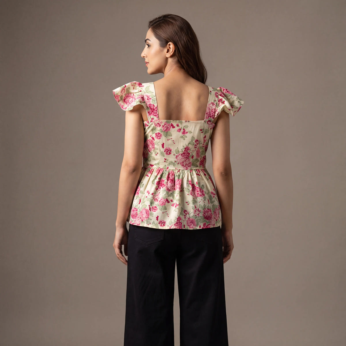 Ivory Rose Floral Cotton Peplum Top