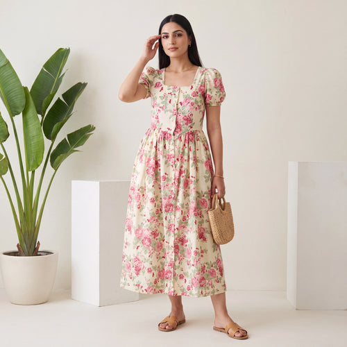 A woman models a cream-colored midi dress with a pink and green floral print, featuring puff sleeves and a square neckline. She is holding a small woven straw handbag and wearing brown flat sandals, standing in a bright, minimalist room with white pedestals and a potted plant.