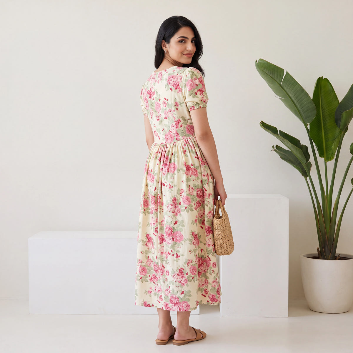 Buttery Ivory Rose Print Cotton Maxi Dress