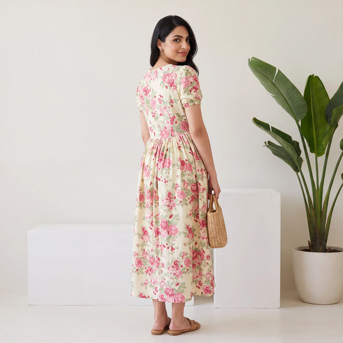 Buttery Ivory Rose Print Cotton Maxi Dress