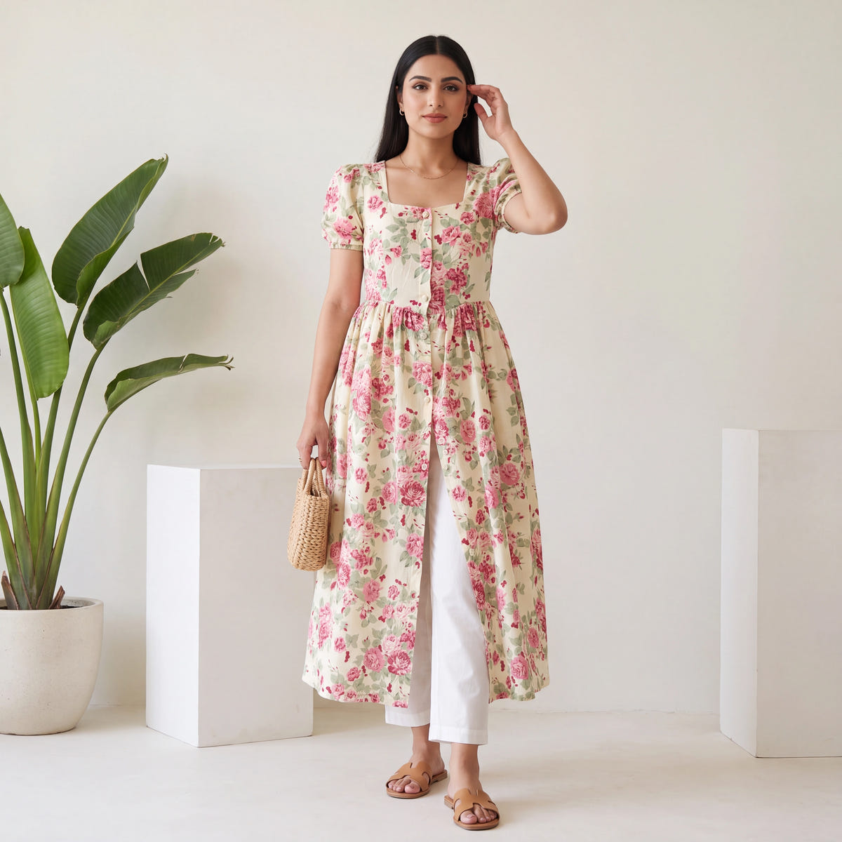 Buttery Ivory Rose Print Cotton Maxi Dress