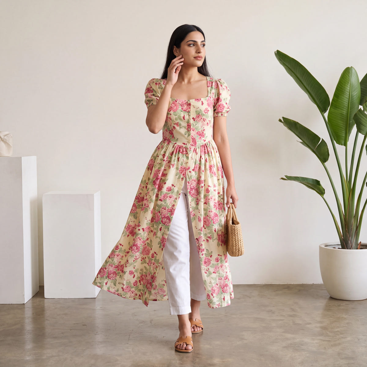 Buttery Ivory Rose Print Cotton Maxi Dress