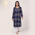 Navy Mughal Print Cotton Straight Kurta