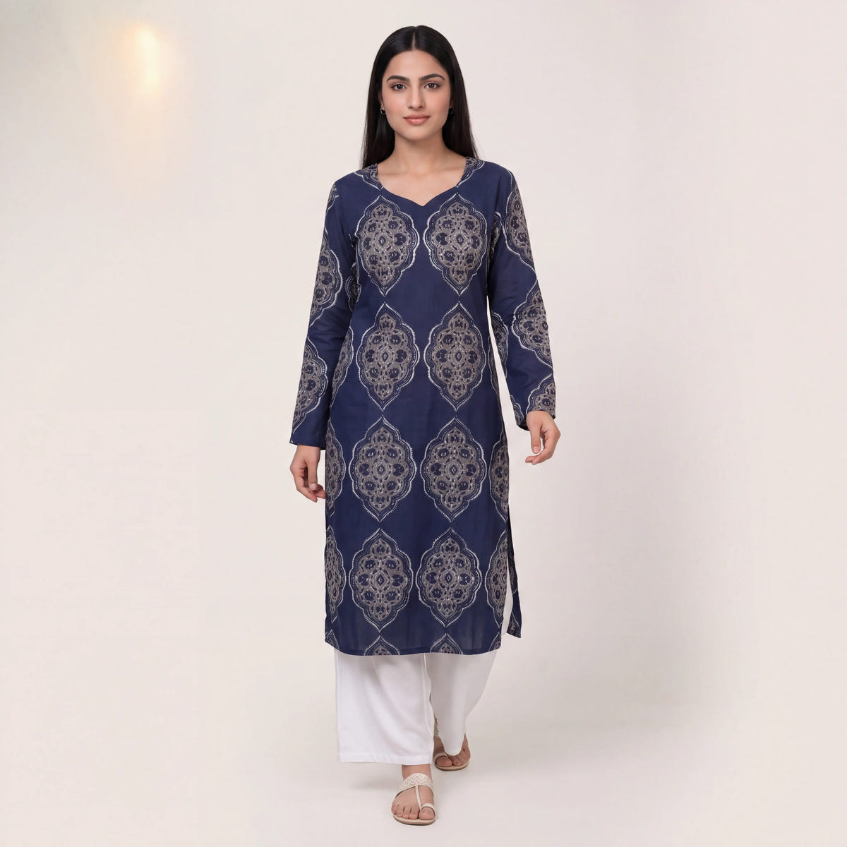 Navy Mughal Print Cotton Straight Kurta