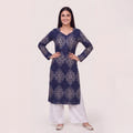 Navy Mughal Print Cotton Straight Kurta