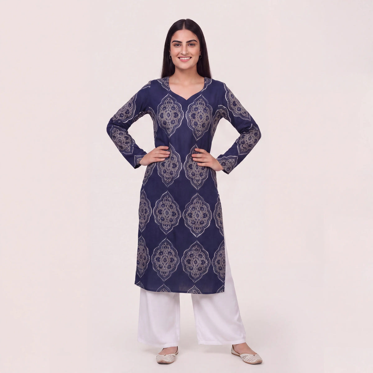 Navy Mughal Print Cotton Straight Kurta