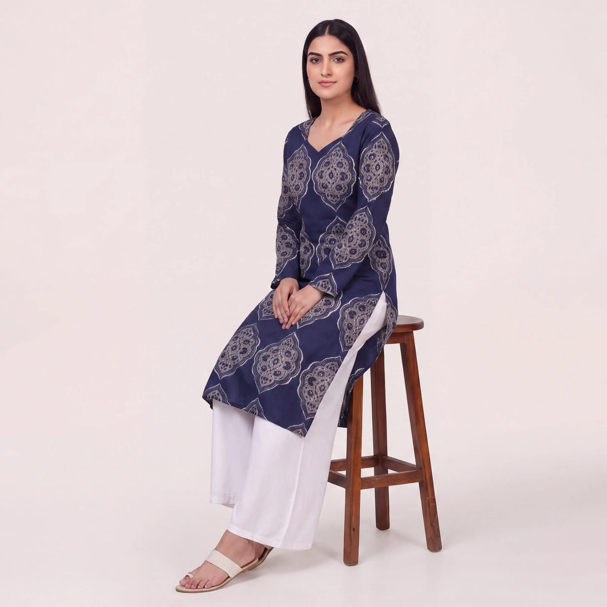 Navy Mughal Print Cotton Straight Kurta