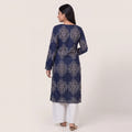 Navy Mughal Print Cotton Straight Kurta