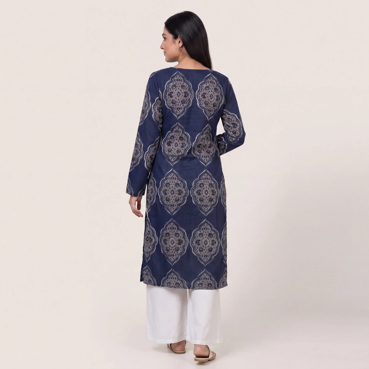 Navy Mughal Print Cotton Straight Kurta