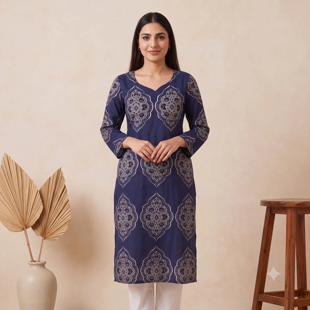 Navy Mughal Print Cotton Straight Kurta