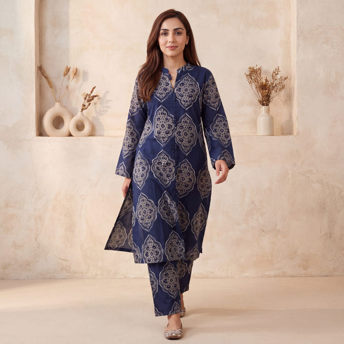 Neel — Navy Mughal Print Cotton Kurta Pant Set